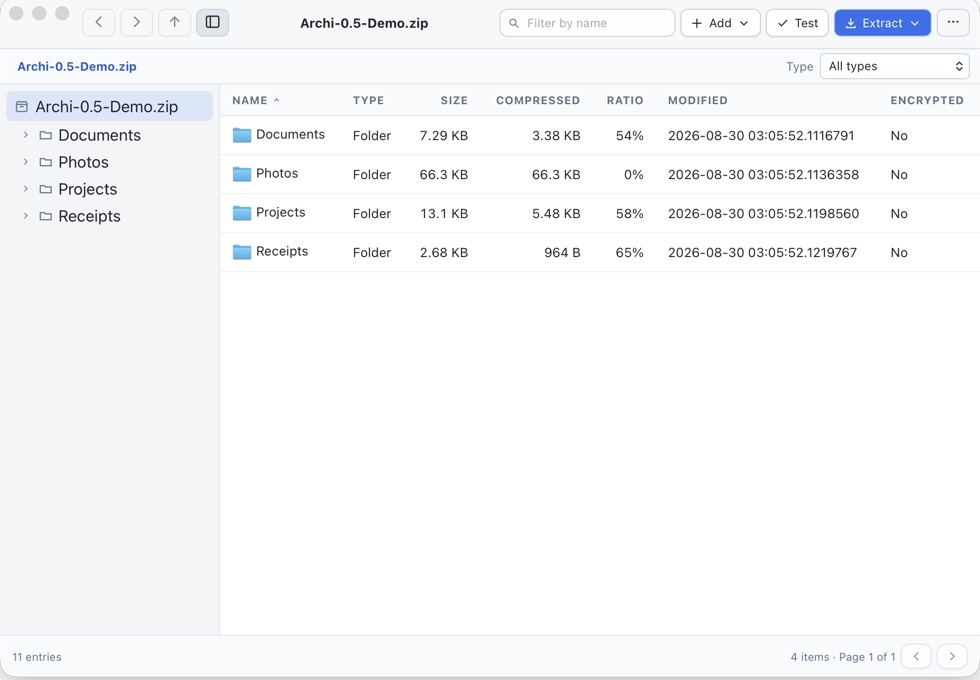 Archi 0.5.0 browsing a fictional sample ZIP with filename and file-type filters.